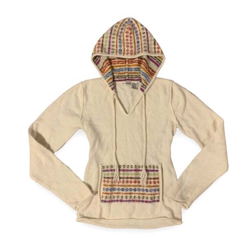 Y2K Energie Cream Knit Hoodie Sweater Colorful Pocket XL